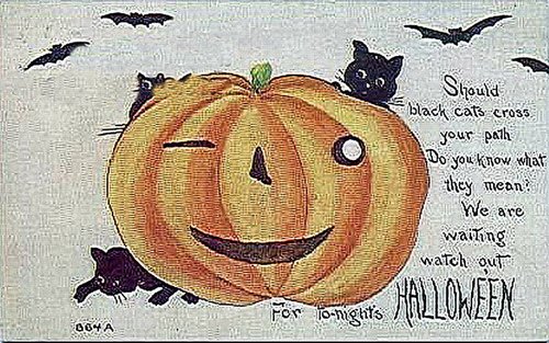 Vintage Halloween Greeting Card Jack-O'-Lantern Black Cats