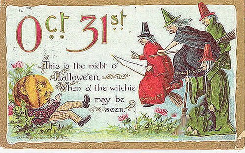 Victorian Halloween Greeting Card Oct 31st Witches Pumpkin