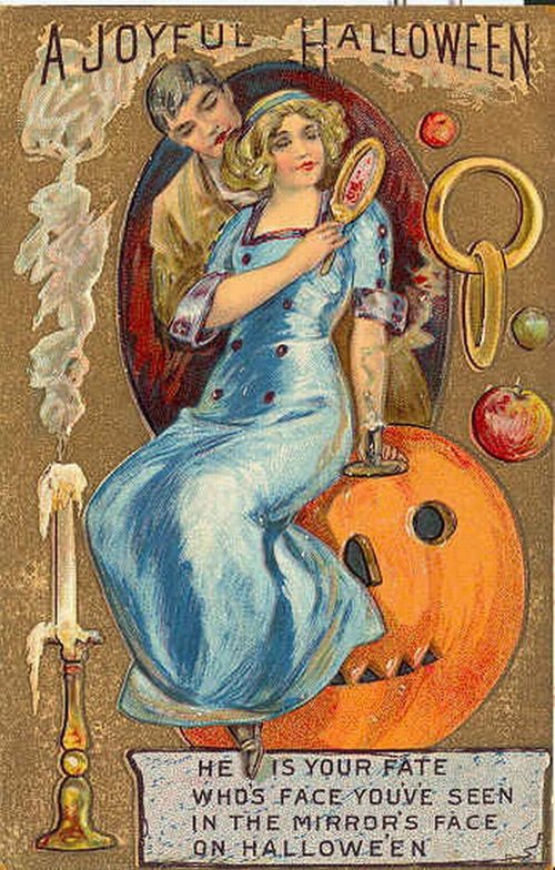 Vintage Halloween Greeting Card with Woman & Jack-o'-Lantern