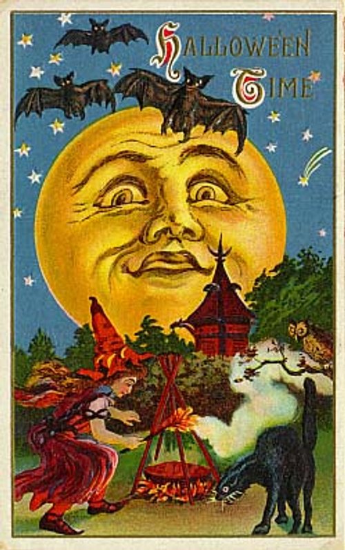 Vintage Halloween Greeting Card with Man-in-the-Moon & Witch