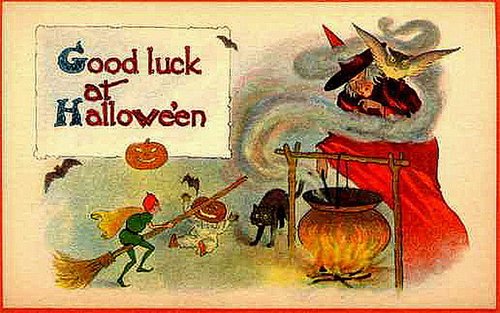 Vintage Halloween Greeting Card Good Luck Witch Cauldron