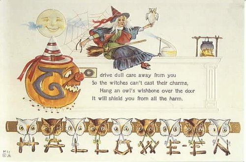 Vintage Halloween Witch Greeting Card with Owl's Wishbone Charm
