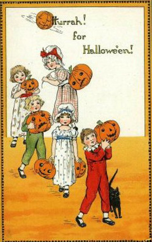 Hurrah for Halloween Vintage Greeting Card Children Jack-o-Lanterns