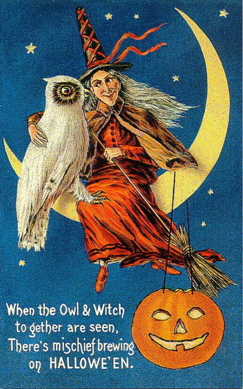 Vintage Halloween Witch & Owl Greeting Card, Early 1900s