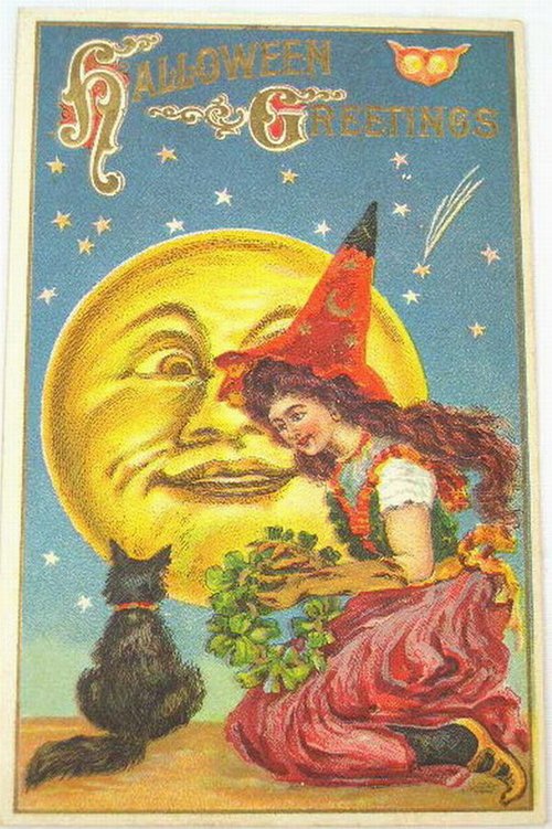 Vintage Halloween Greetings Card with Man in Moon & Witch