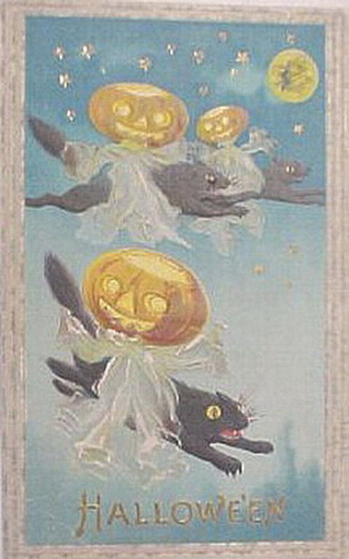Vintage Halloween Greeting Card with Flying Pumpkin-Headed Figures & Black Cats