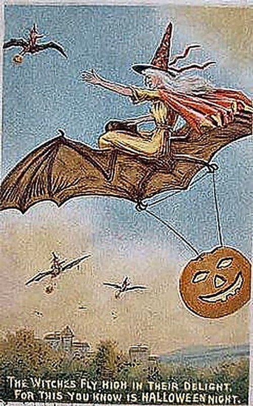 Vintage Halloween Witch Greeting Card | Early 1900s Flying Witch Art