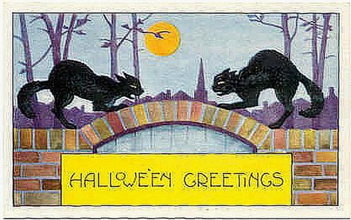 Vintage Art Deco Halloween Greetings Card with Black Cats