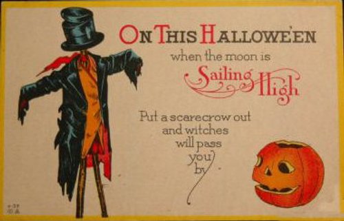 Vintage Halloween Greeting Card with Scarecrow and Jack-o'-Lantern