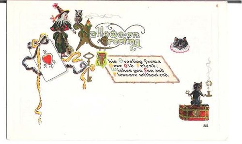 Vintage Halloween Greeting Card with Witches & Black Cats