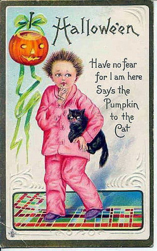 Vintage Halloween Greeting Card: Pumpkin Man & Black Cat, Early 1900s