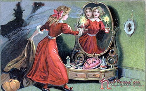 Victorian Halloween Mirror Reflection Greeting Card | Red Dress