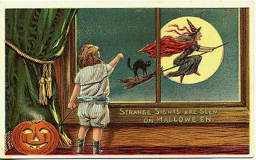 Vintage Halloween Greeting Card: Witch Flying Past Window, Early 1900s