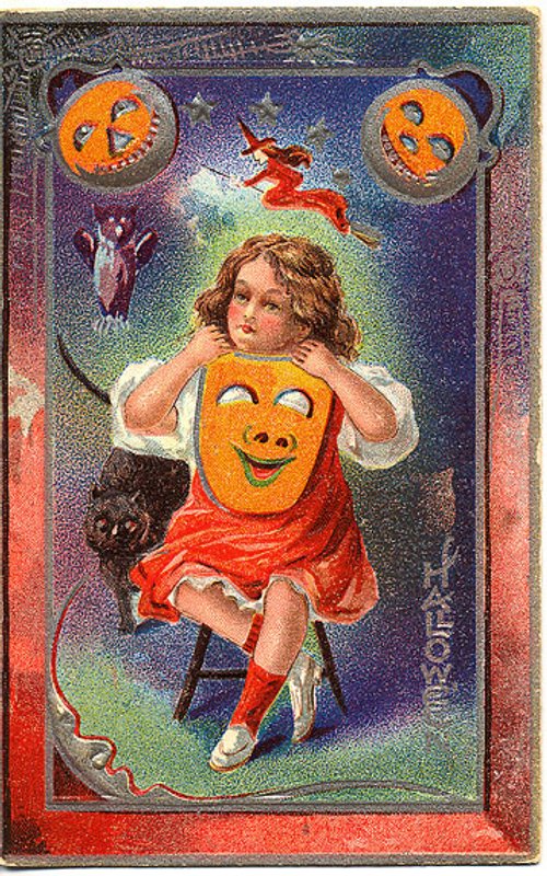 Victorian Halloween Greeting Card with Child & Jack-o-Lantern