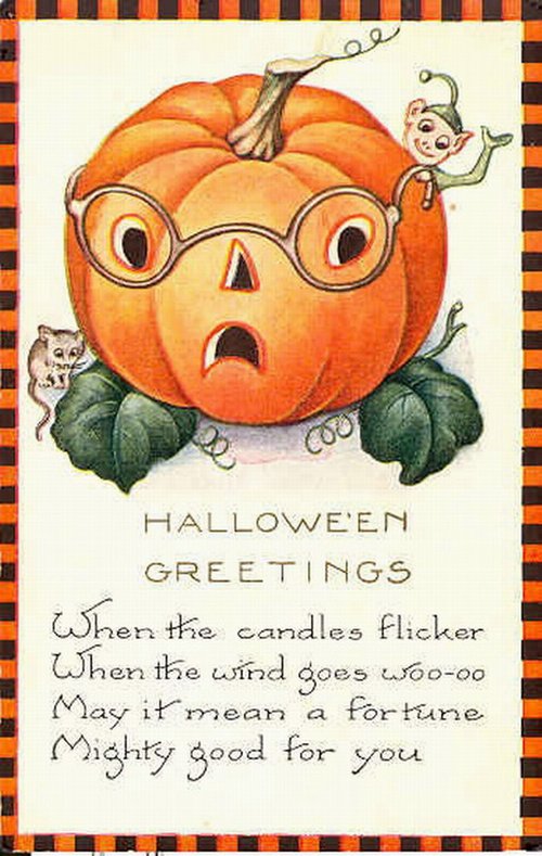 Vintage Halloween Greeting Card with Anthropomorphic Pumpkin & Imps