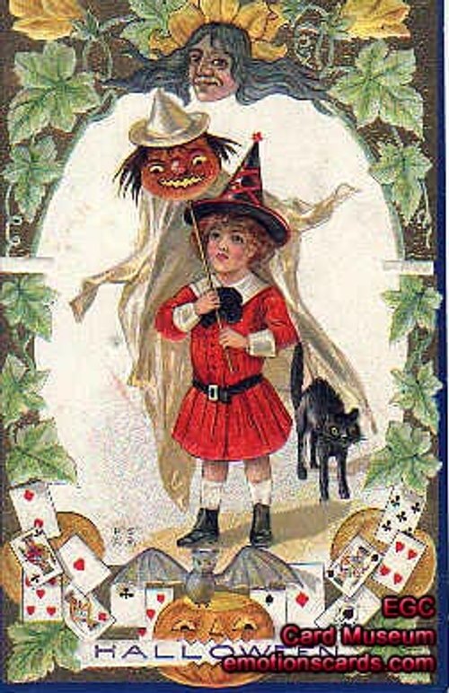 Vintage Halloween Greeting Card with Witch and Girl