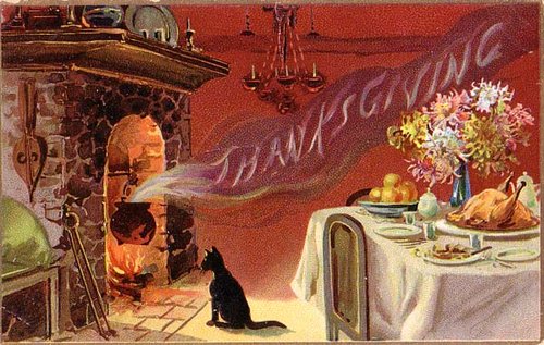 Vintage Thanksgiving Greeting Card with Fireplace and Dining