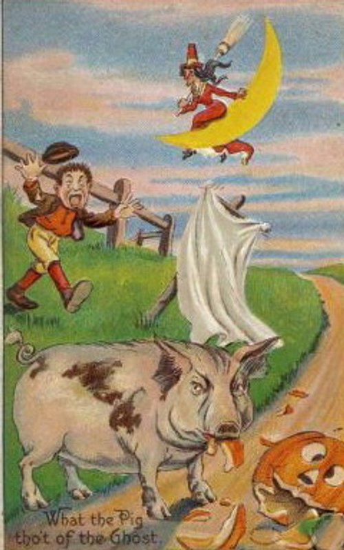Victorian Halloween Greeting Card with Pig, Ghost & Moon Ride