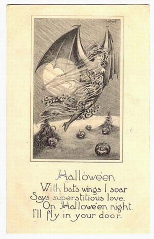 Vintage Halloween Greeting Card with Winged Figure & Pumpkins