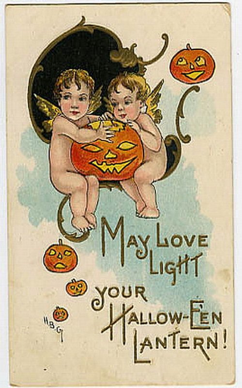 Vintage Halloween Greeting Card with Cherubs and Jack-o'-Lanterns