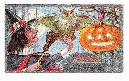 Vintage Halloween Witch with Owl Greeting Card, Victorian Era