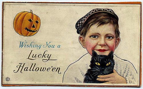 Vintage Halloween Greeting Card: Lucky Boy with Black Cat