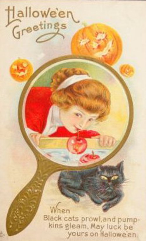 Vintage Halloween Greeting Card Black Cat & Child Portrait