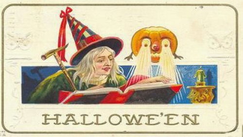 Vintage Halloween Greeting Card with Witch & Jack-O'-Lantern