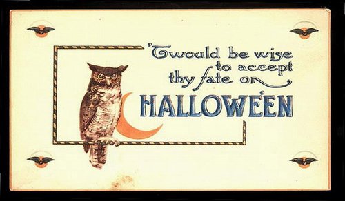 Vintage Halloween Greeting Card with Owl & Crescent Moon