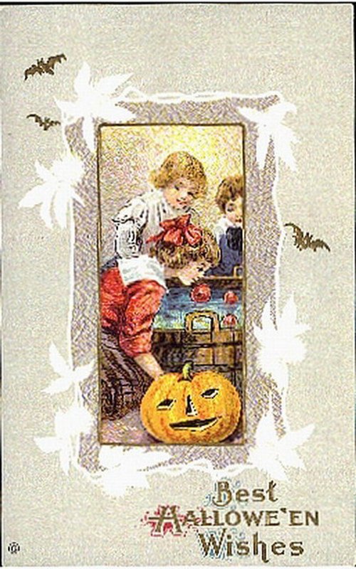 Vintage Halloween Greeting Card - Children & Jack O'Lantern