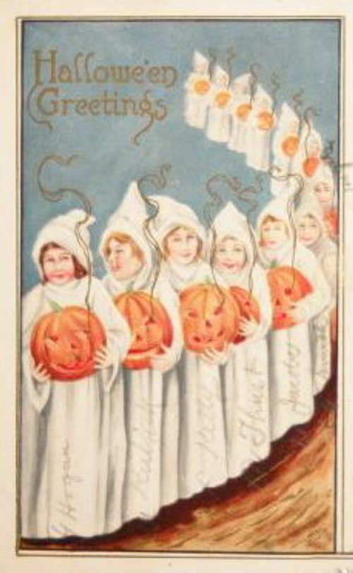 Vintage Halloween Greeting Card with Ghost Children & Jack-o-Lanterns