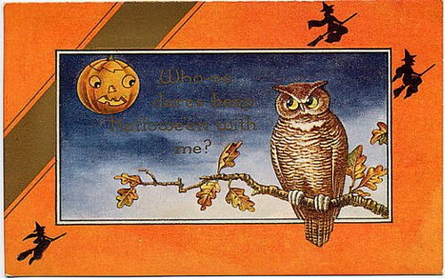 Vintage Halloween Greeting Card with Owl and Jack-o'-Lantern