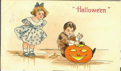 Vintage Halloween Greeting Card with Children & Jack-o'-Lantern