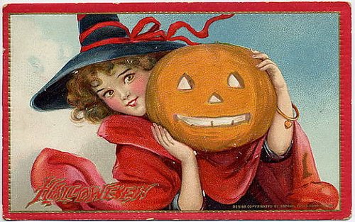 Vintage Halloween Greeting Card with Girl and Jack-O-Lantern