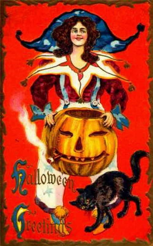 Vintage Halloween Greeting Card 1900s Witch Pumpkin Black Cat