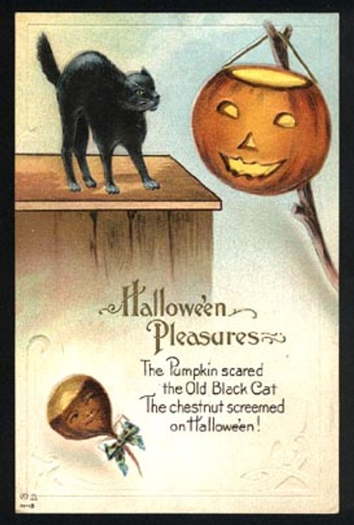 Vintage Halloween Pleasures Greeting Card - Black Cat & Jack O'Lantern