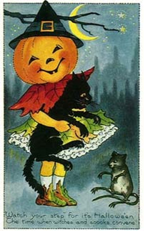 Vintage Halloween Greeting Card Jack-o'-Lantern Witch Black Cat