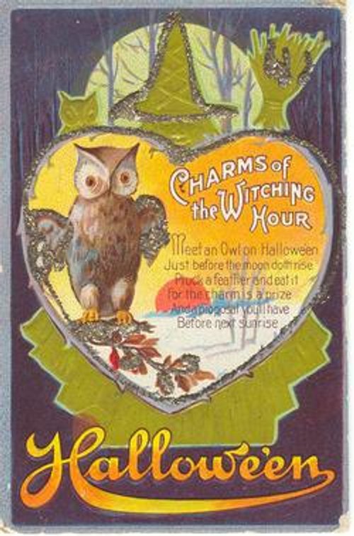 Vintage Halloween Greeting Card with Owl & Witch Hat - Early 1900s