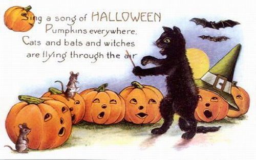 Vintage Halloween Greeting Card: Black Cat, Jack-o'-Lanterns & Witches