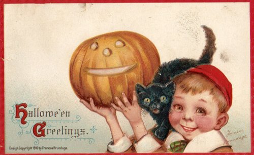 Vintage Halloween Greetings Card Jack-O-Lantern Child Black Cat