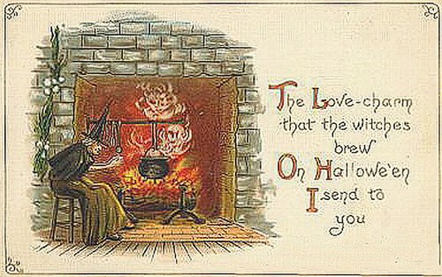 Vintage Halloween Greeting Card: Witch's Love-Charm Fireplace Scene