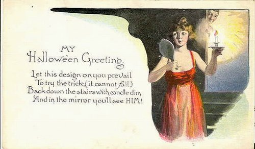 Vintage Halloween Greeting Card with Mirror Divination Trick