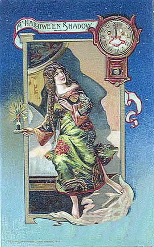 Victorian Halloween Shadow Witch Clock Greeting Card