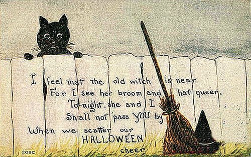 Vintage Halloween Greeting Card with Black Cat and Witch, Early 1900s
