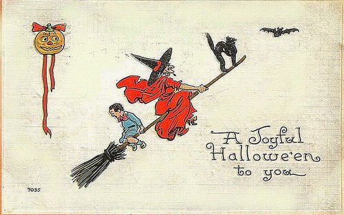 Joyful Halloween Greeting Card with Witch on Broomstick