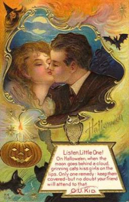 Vintage Halloween Greeting Card with Kissing Couple & Jack O'Lantern