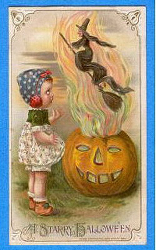 Vintage Victorian Halloween Greeting Card with Witch & Jack-o'-Lantern