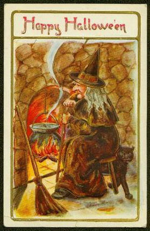 Vintage Victorian Halloween Greeting Card with Witch