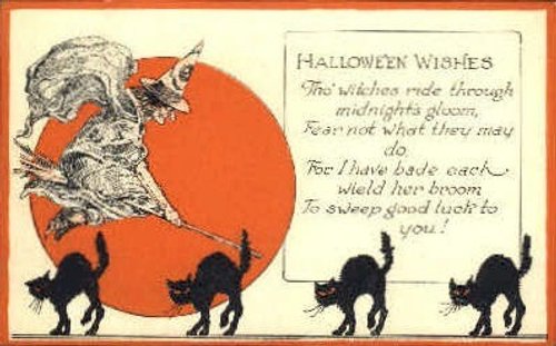 Vintage Halloween Wishes Cat Greeting Card, Early 1900s Art