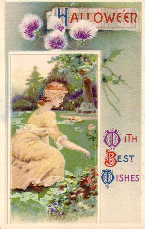 Vintage Halloween Greeting Card with Woman & Purple Flowers